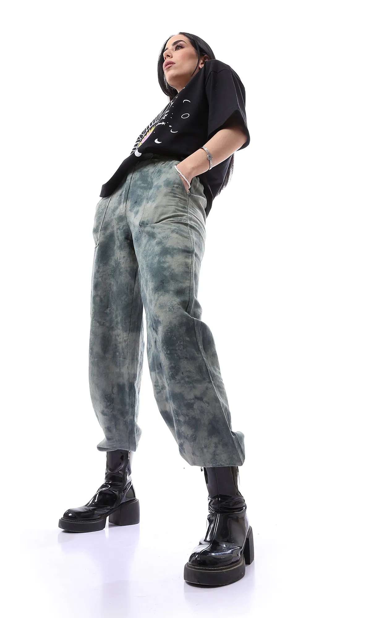 75670 Elastic Gathered Waist Tie Dye Green Shades Pants