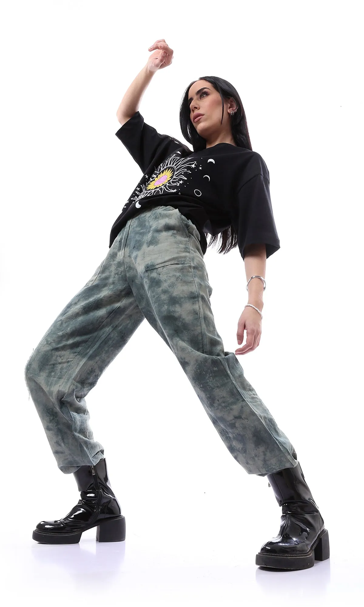 75670 Elastic Gathered Waist Tie Dye Green Shades Pants