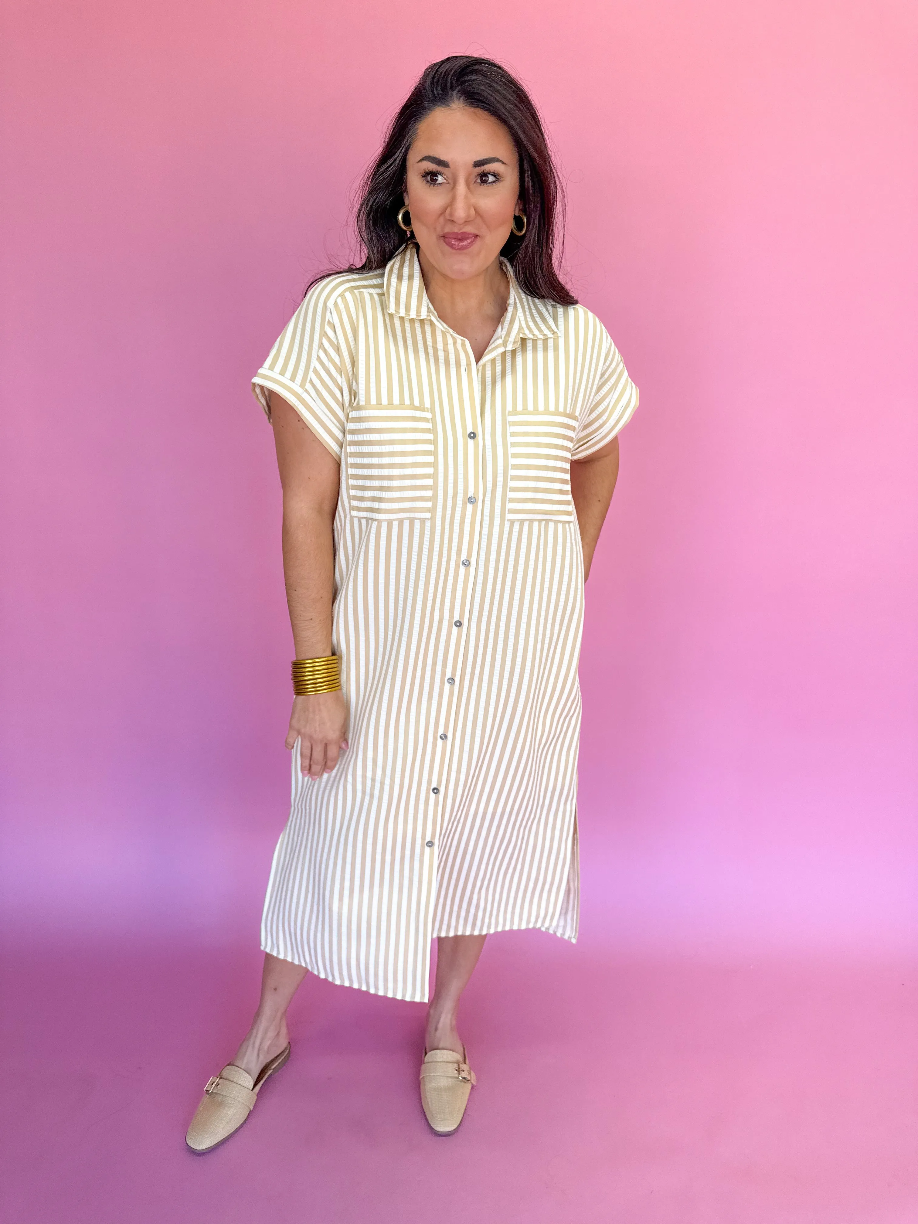 Charleston Charm Stripe Dress - Taupe