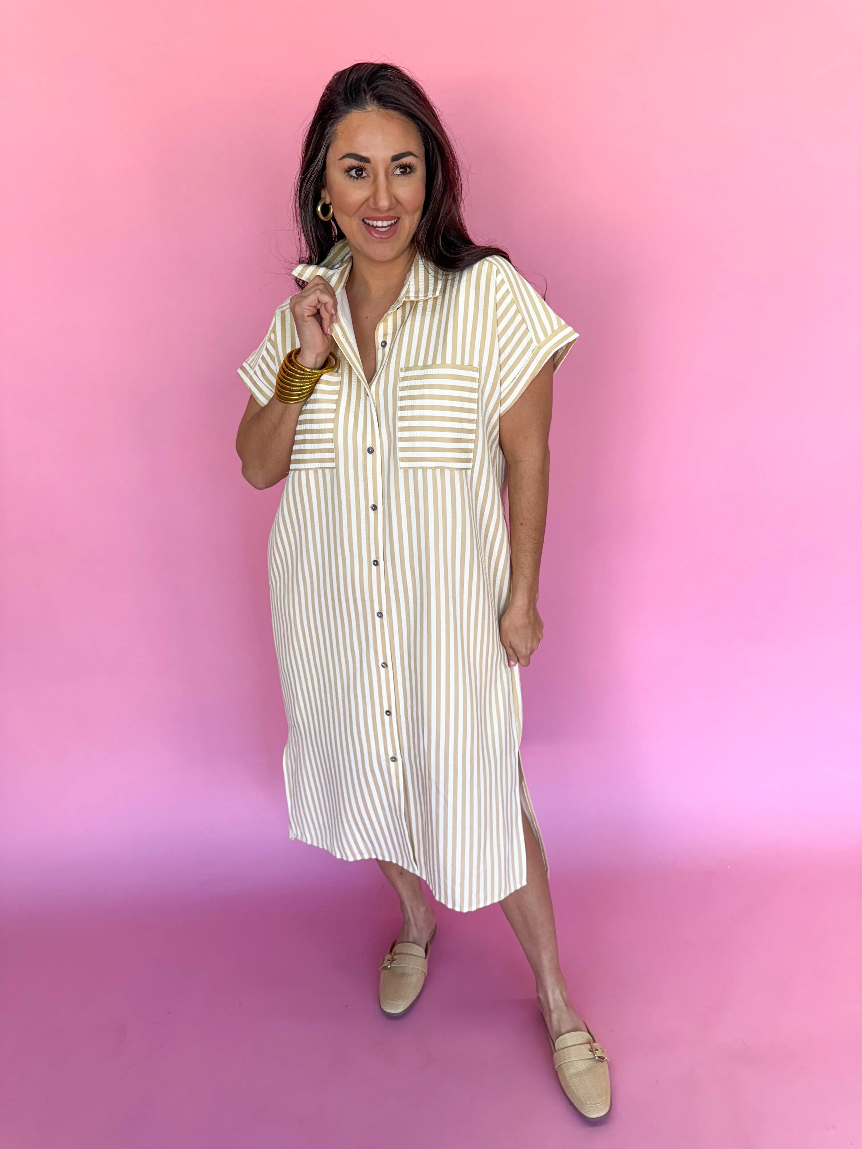 Charleston Charm Stripe Dress - Taupe