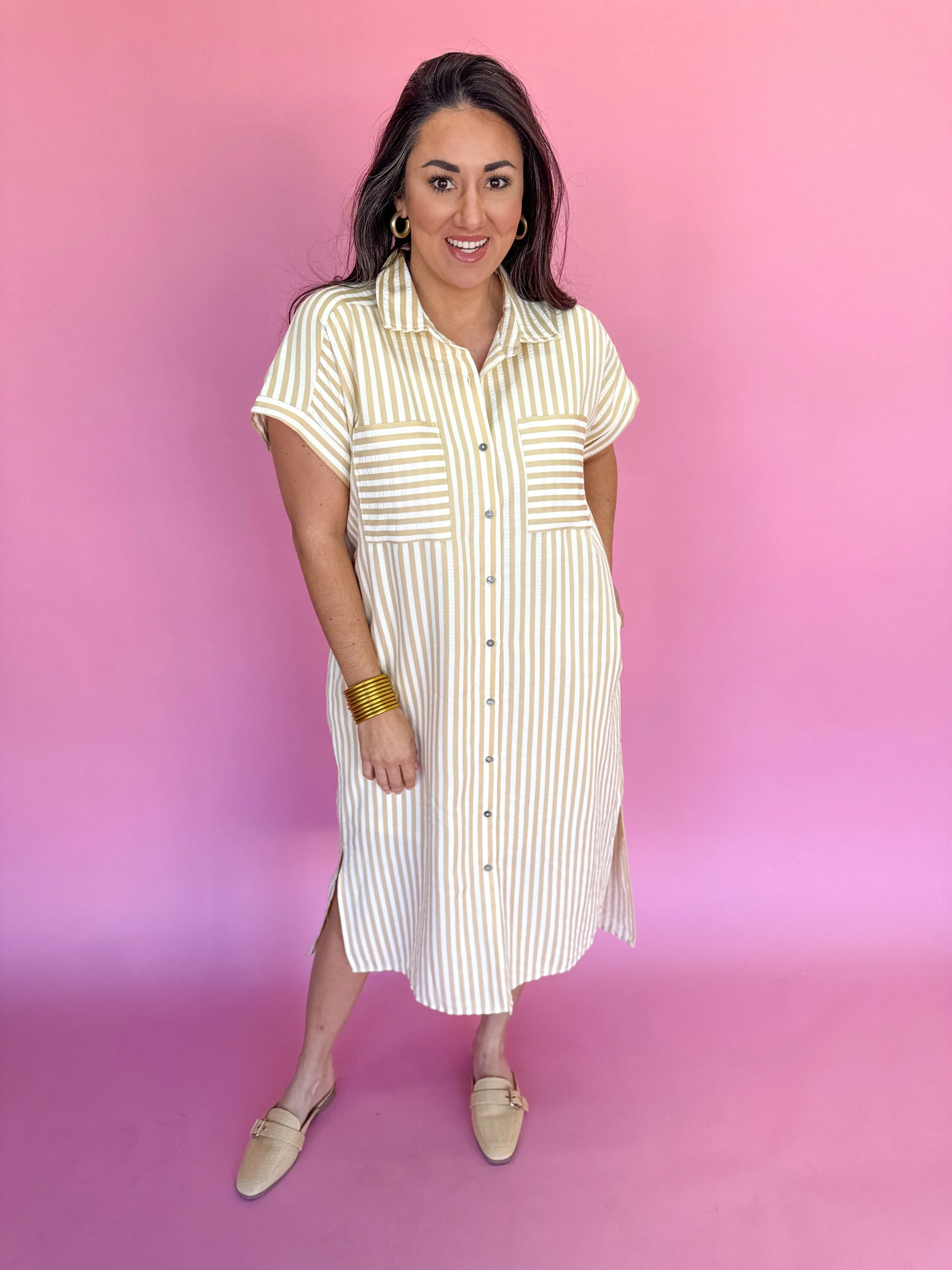 Charleston Charm Stripe Dress - Taupe