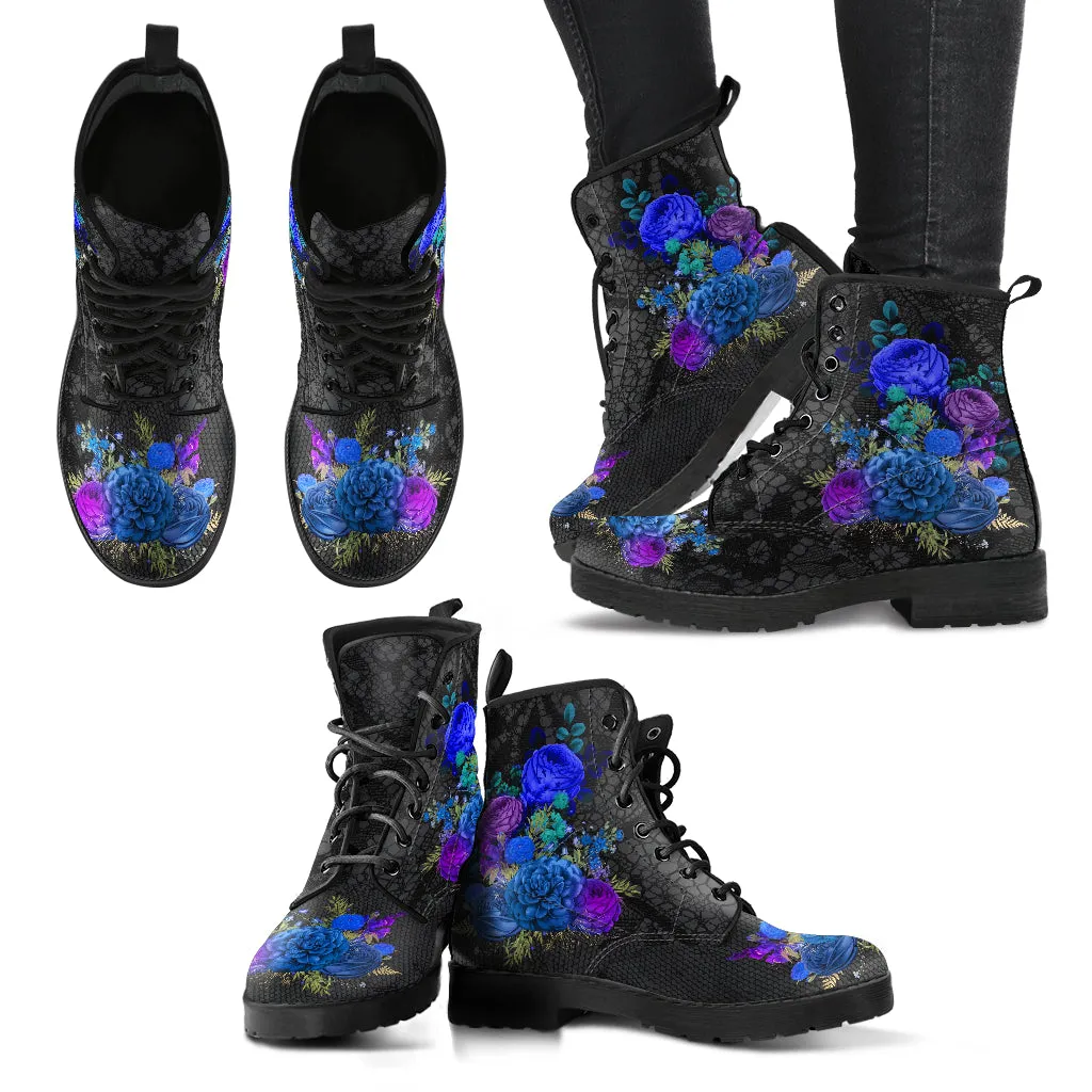 Combat Boots - Beautiful Flowers #101N | Cute Aesthetic Custom Shoes for Women, Wedding Bride Shoes, Vegan Leather 90s Boots