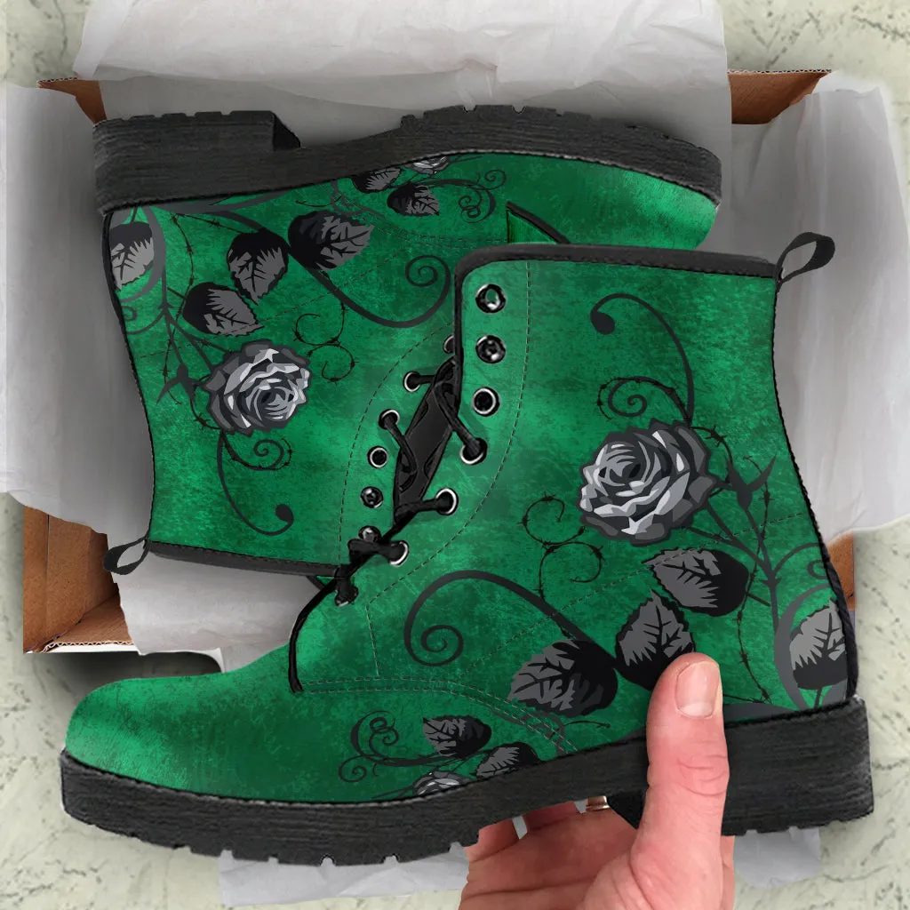 Combat Boots - Gray Roses, Grunge Green | Cruelty-free Vegan Leather, Unique Custom Shoes, Handmade Lace Up, Colorful Floral, Flowers