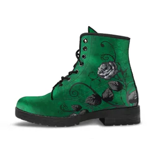Combat Boots - Gray Roses, Grunge Green | Cruelty-free Vegan Leather, Unique Custom Shoes, Handmade Lace Up, Colorful Floral, Flowers