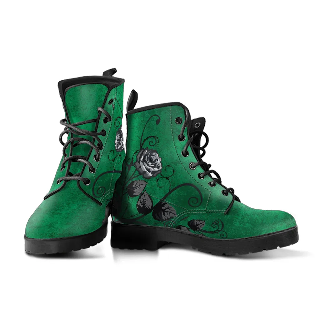 Combat Boots - Gray Roses, Grunge Green | Cruelty-free Vegan Leather, Unique Custom Shoes, Handmade Lace Up, Colorful Floral, Flowers