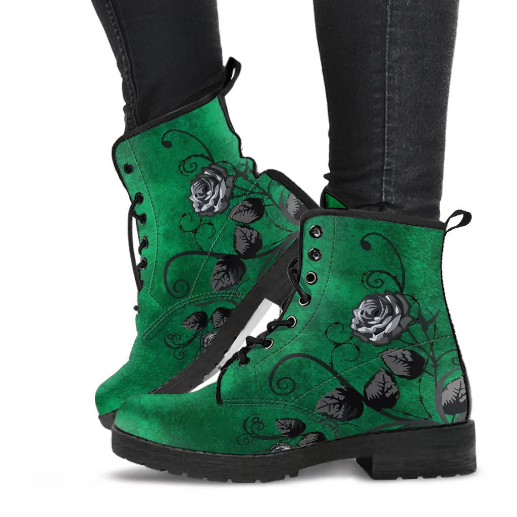 Combat Boots - Gray Roses, Grunge Green | Cruelty-free Vegan Leather, Unique Custom Shoes, Handmade Lace Up, Colorful Floral, Flowers