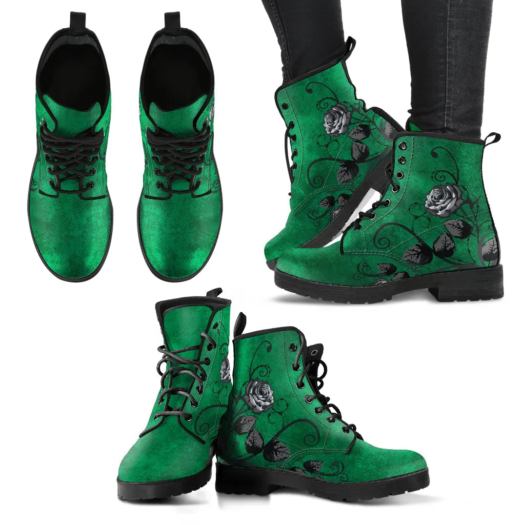 Combat Boots - Gray Roses, Grunge Green | Cruelty-free Vegan Leather, Unique Custom Shoes, Handmade Lace Up, Colorful Floral, Flowers