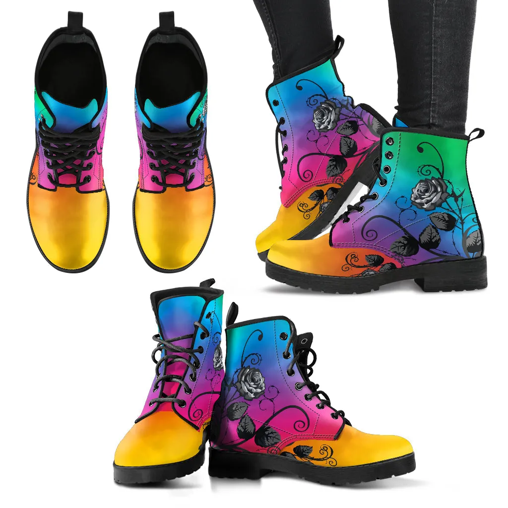 Combat Boots - Gray Roses, Rainbow Color | Cruelty-free Vegan Leather, Unique Custom Shoes, Handmade Lace Up, Colorful Floral, Flowers