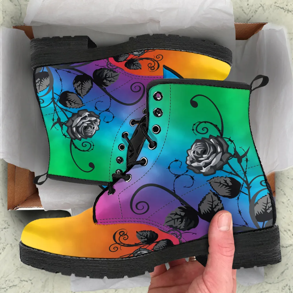 Combat Boots - Gray Roses, Rainbow Color | Cruelty-free Vegan Leather, Unique Custom Shoes, Handmade Lace Up, Colorful Floral, Flowers
