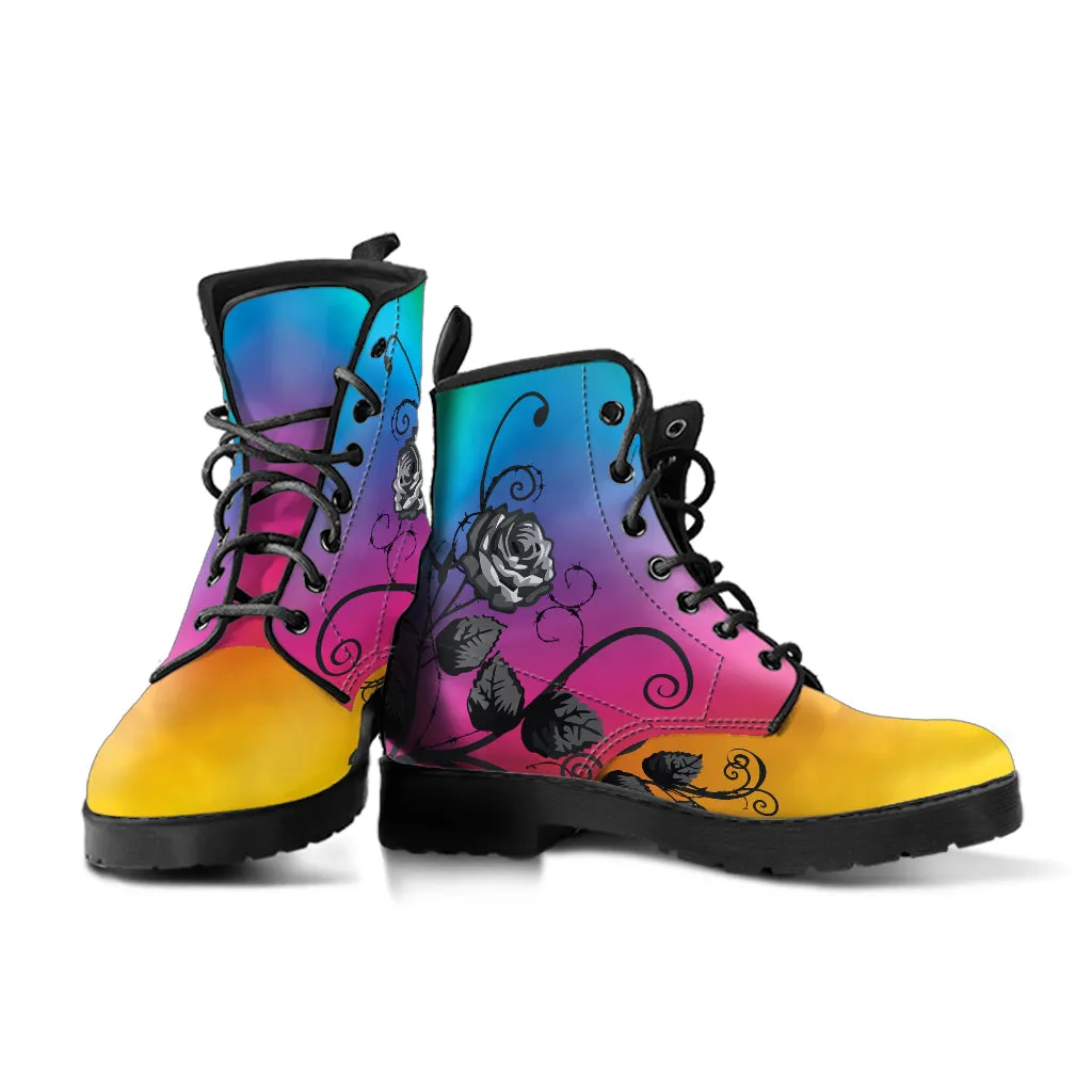 Combat Boots - Gray Roses, Rainbow Color | Cruelty-free Vegan Leather, Unique Custom Shoes, Handmade Lace Up, Colorful Floral, Flowers