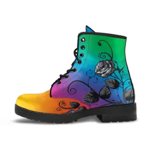 Combat Boots - Gray Roses, Rainbow Color | Cruelty-free Vegan Leather, Unique Custom Shoes, Handmade Lace Up, Colorful Floral, Flowers