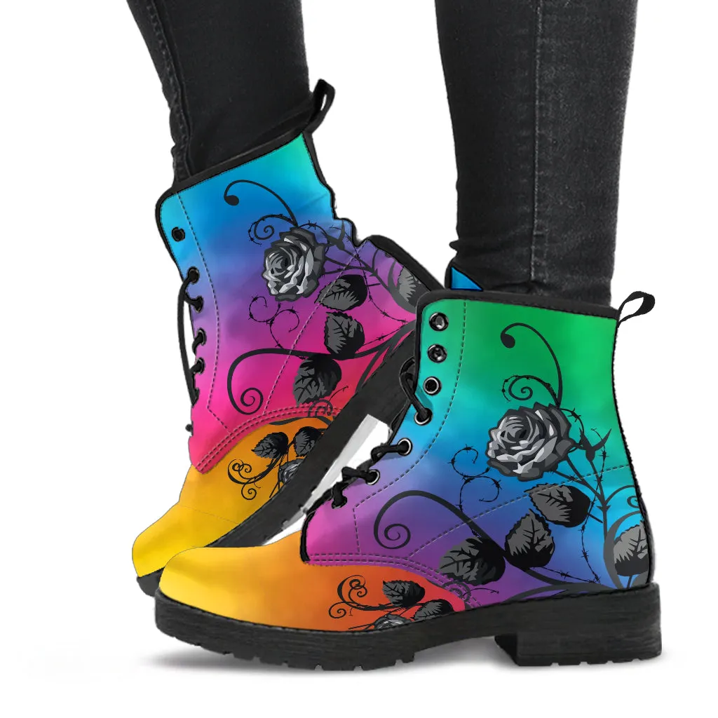 Combat Boots - Gray Roses, Rainbow Color | Cruelty-free Vegan Leather, Unique Custom Shoes, Handmade Lace Up, Colorful Floral, Flowers