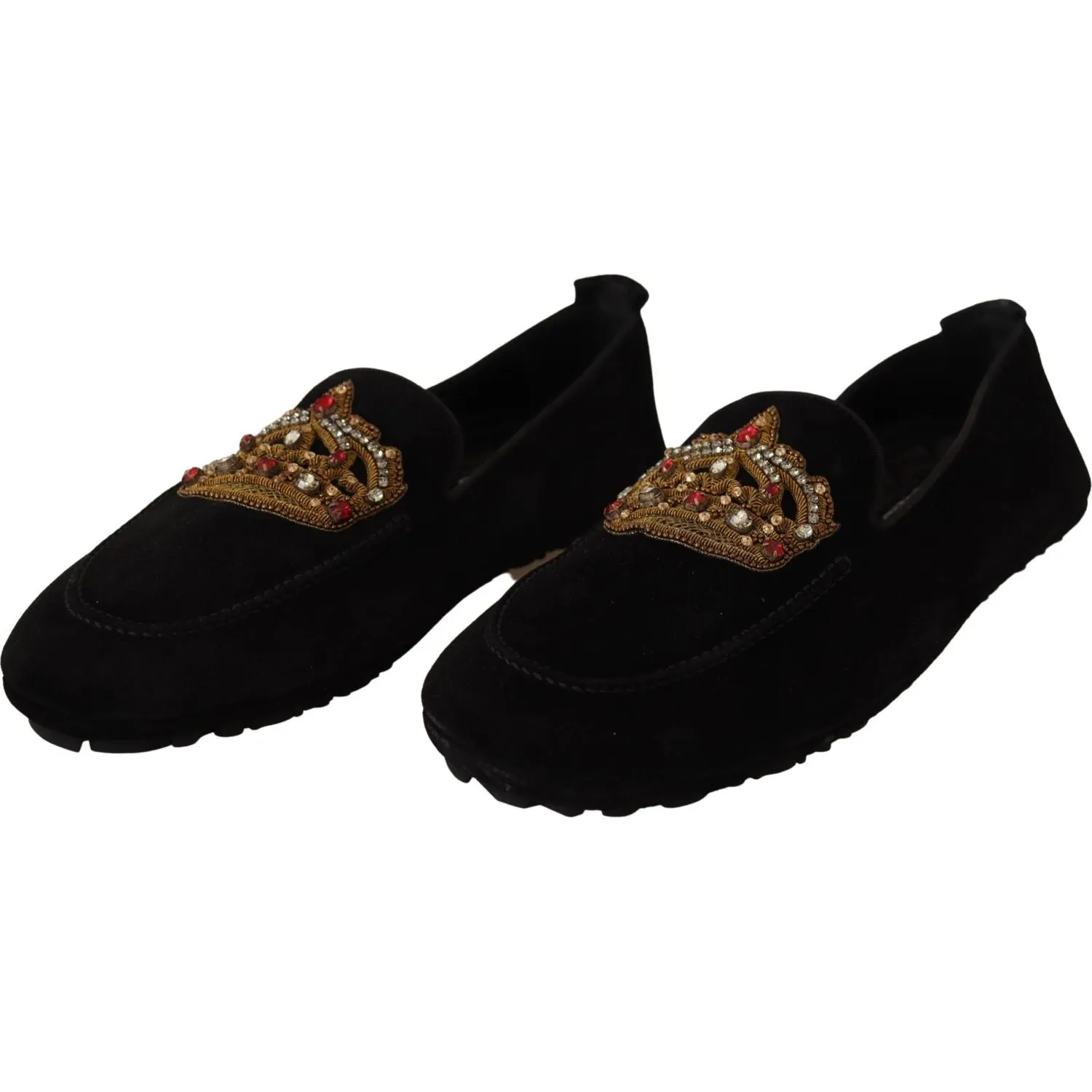Dolce & Gabbana Elegant Black Leather Loafer Slides with Gold Embroidery