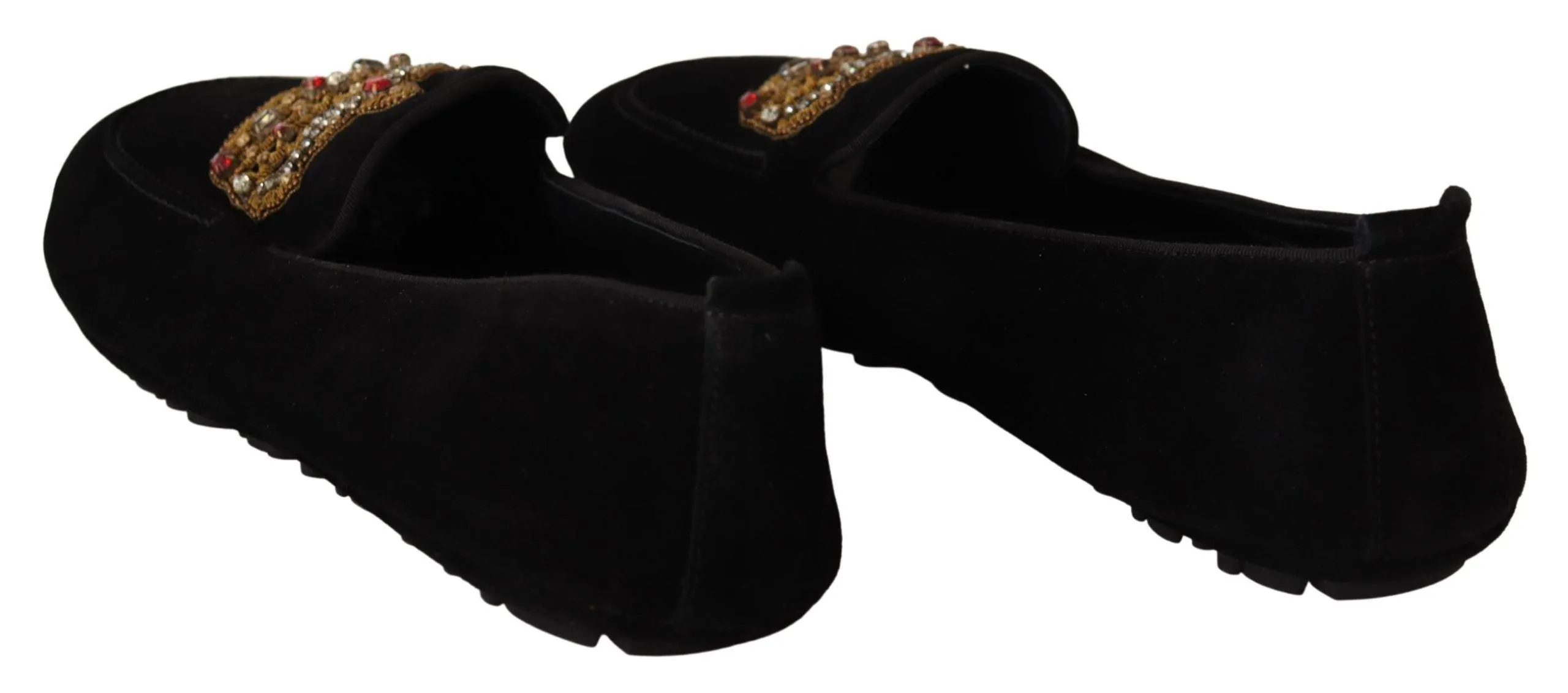 Dolce & Gabbana Elegant Black Leather Loafers Slides with Gold Embroidery