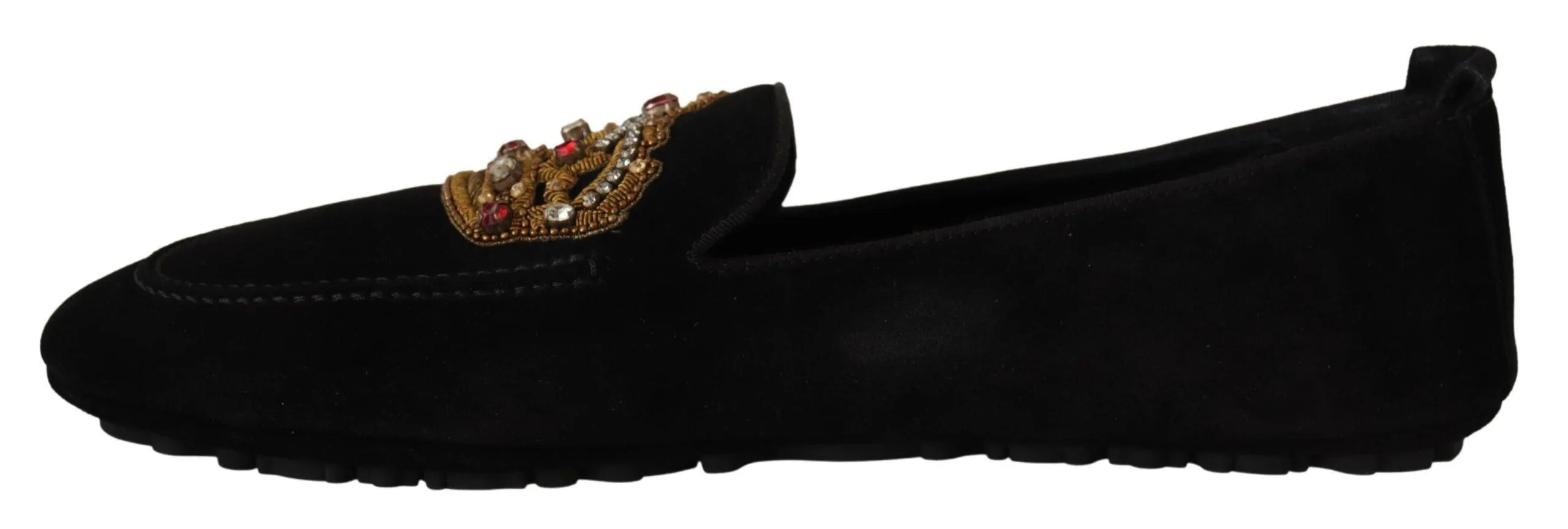 Dolce & Gabbana Elegant Black Leather Loafers Slides with Gold Embroidery