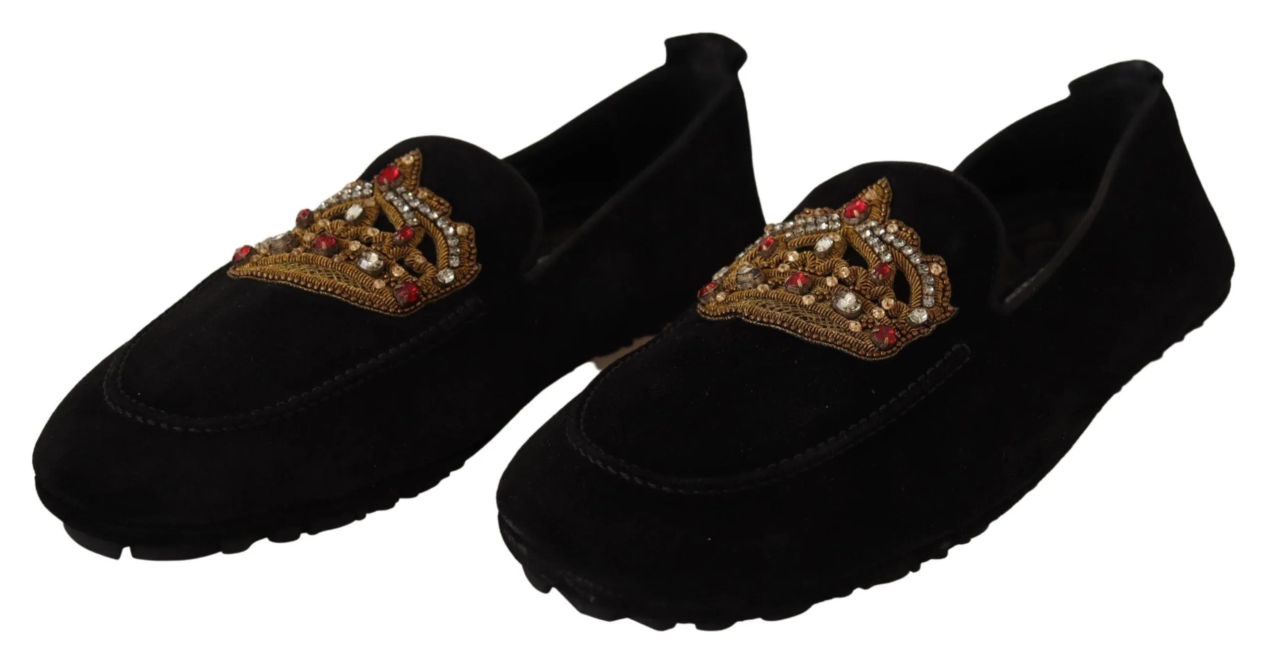 Dolce & Gabbana Elegant Black Leather Loafers Slides with Gold Embroidery
