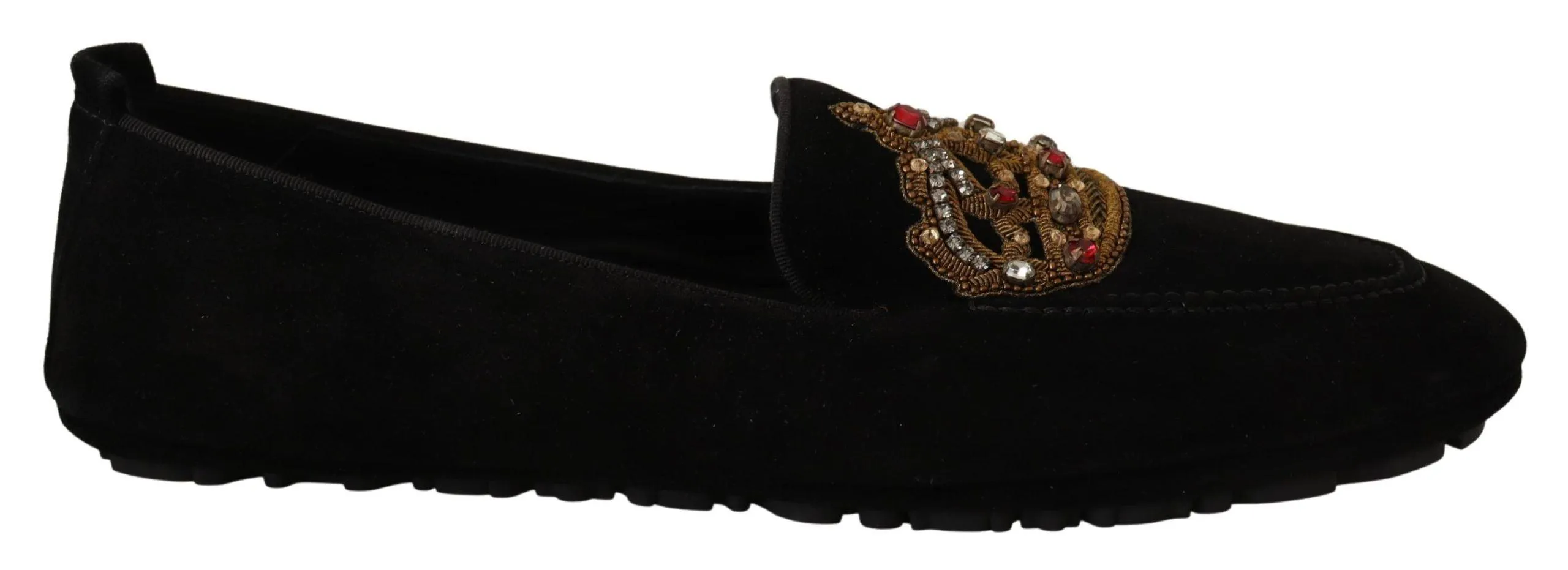Dolce & Gabbana Elegant Black Leather Loafers Slides with Gold Embroidery