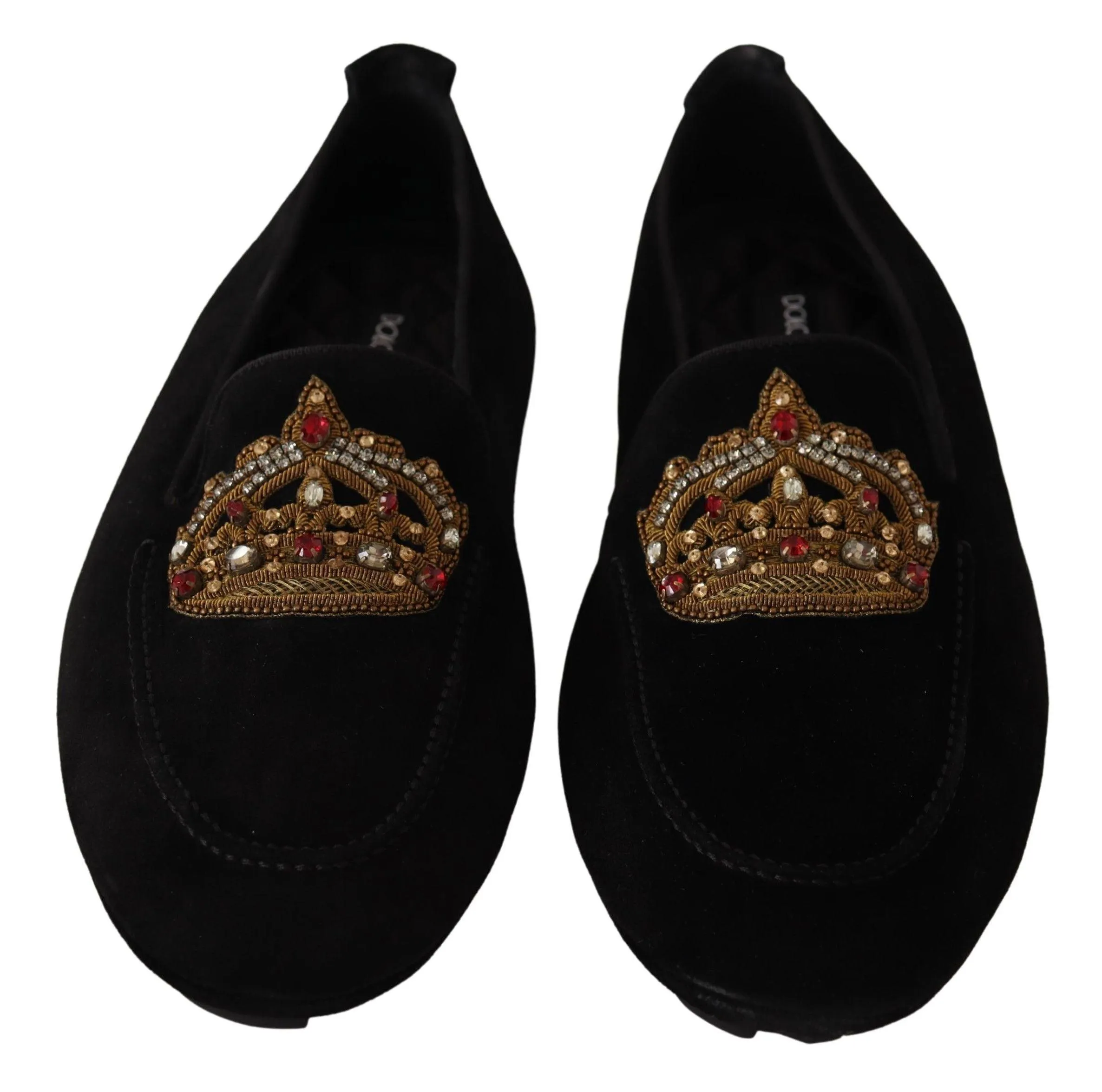 Dolce & Gabbana Elegant Black Leather Loafers Slides with Gold Embroidery