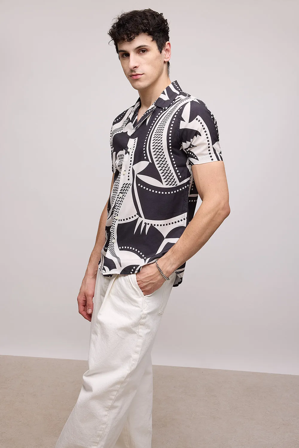 Ecru Black Printed Men's Resort Shirt