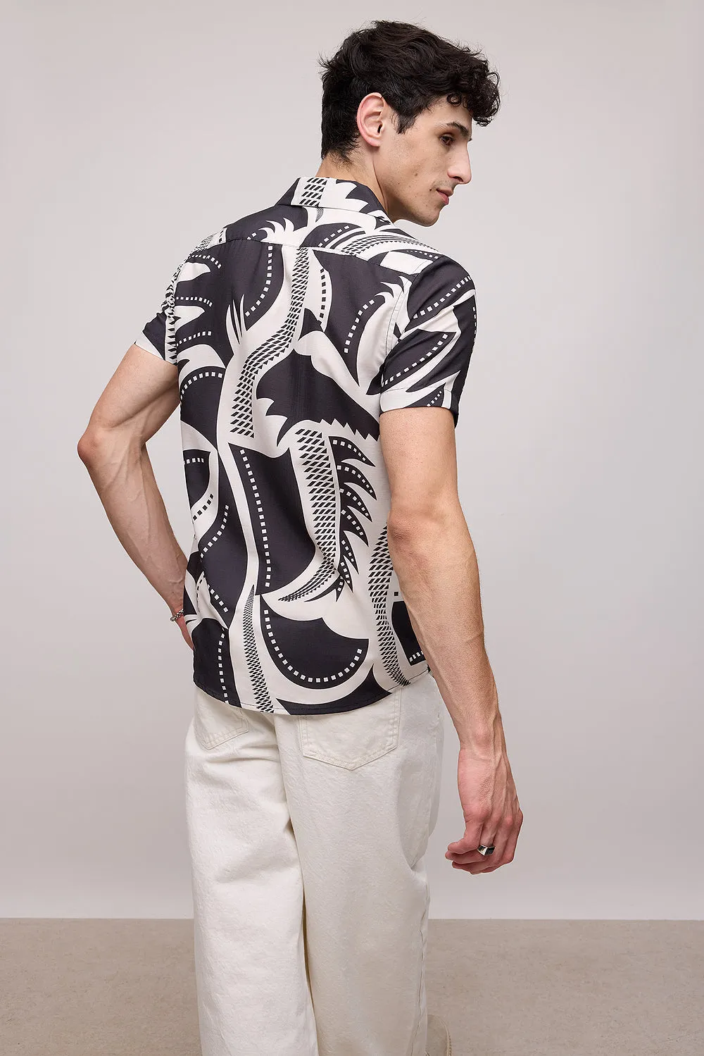 Ecru Black Printed Men's Resort Shirt