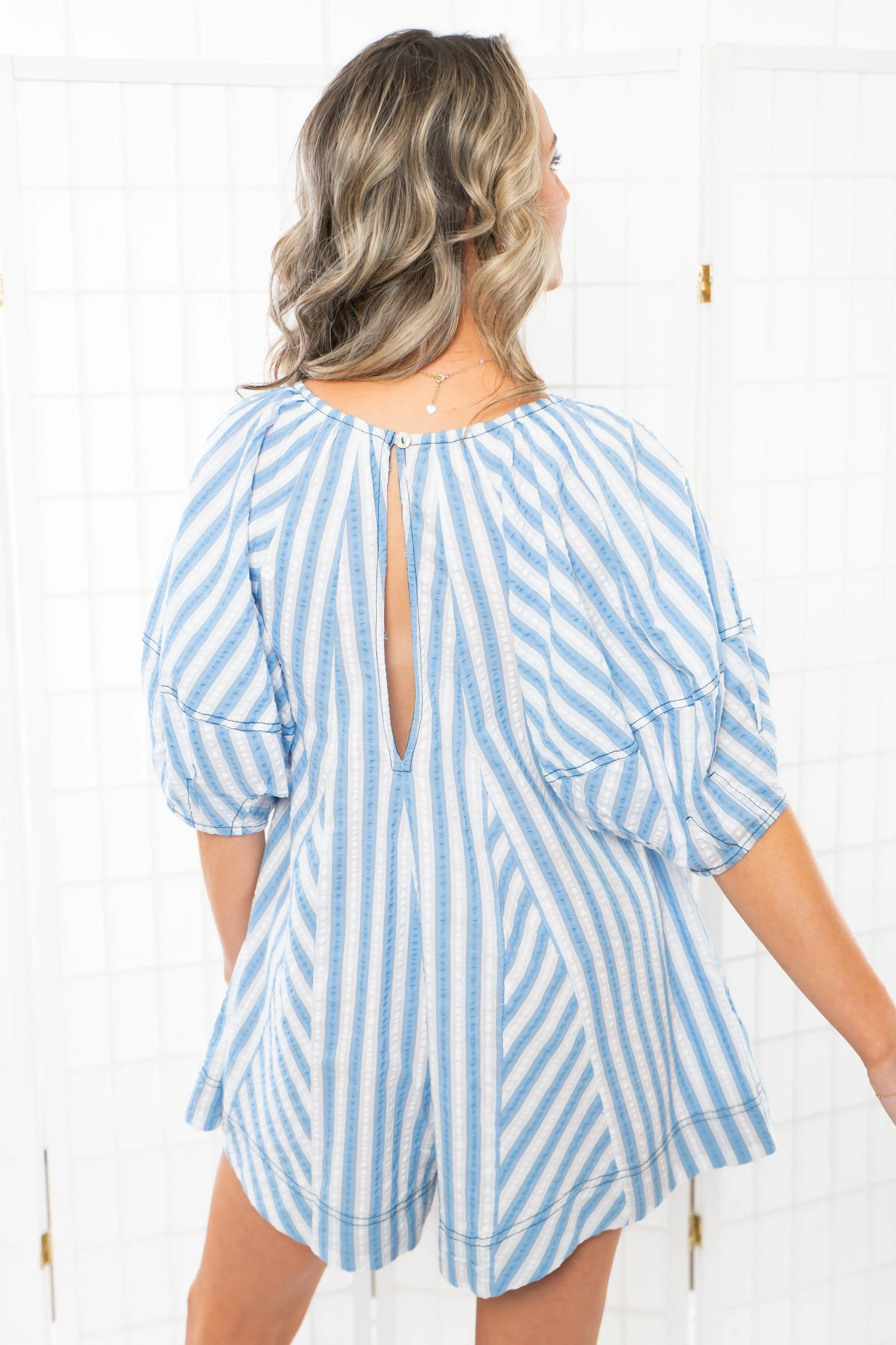 Free People Bob Around Blue Combo Romper