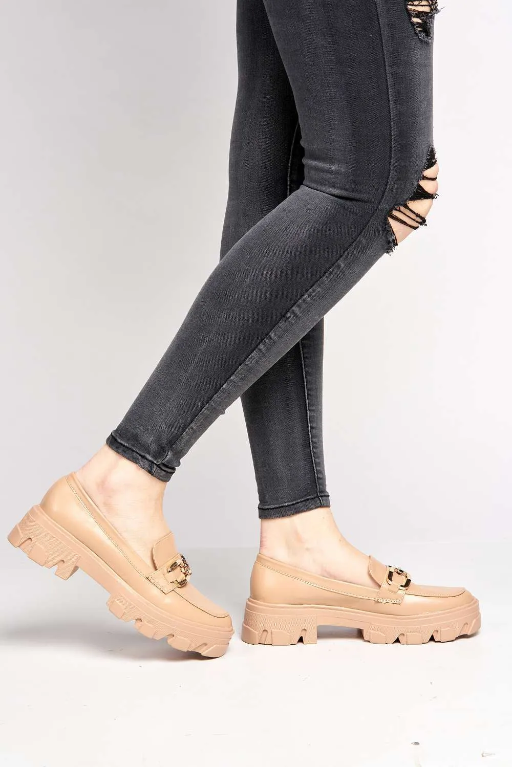 Lorena Chunky Sole Chain Detail Loafers in Cream