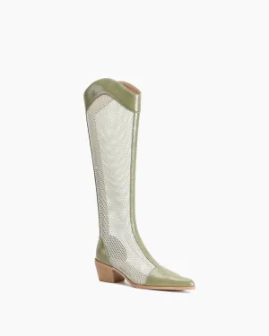Mesh Knee High Block Heels Boots