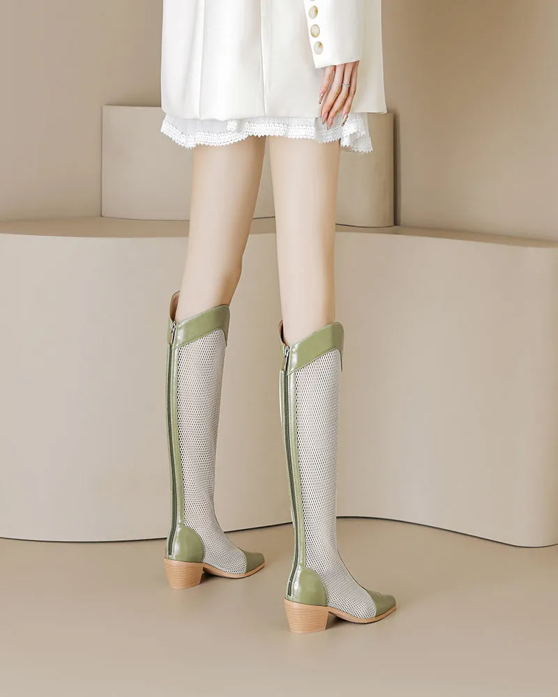 Mesh Knee High Block Heels Boots