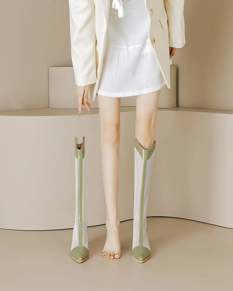 Mesh Knee High Block Heels Boots