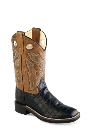 Old West Black/Tan Kids Boys Faux Leather Croc Cowboy Boots 13.5D