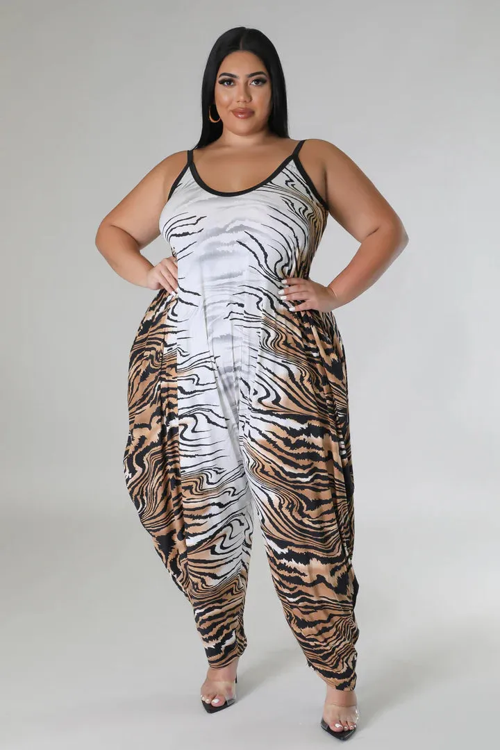Plus   Curve Tiger Print Pocketed Brown/White Jumpsuit