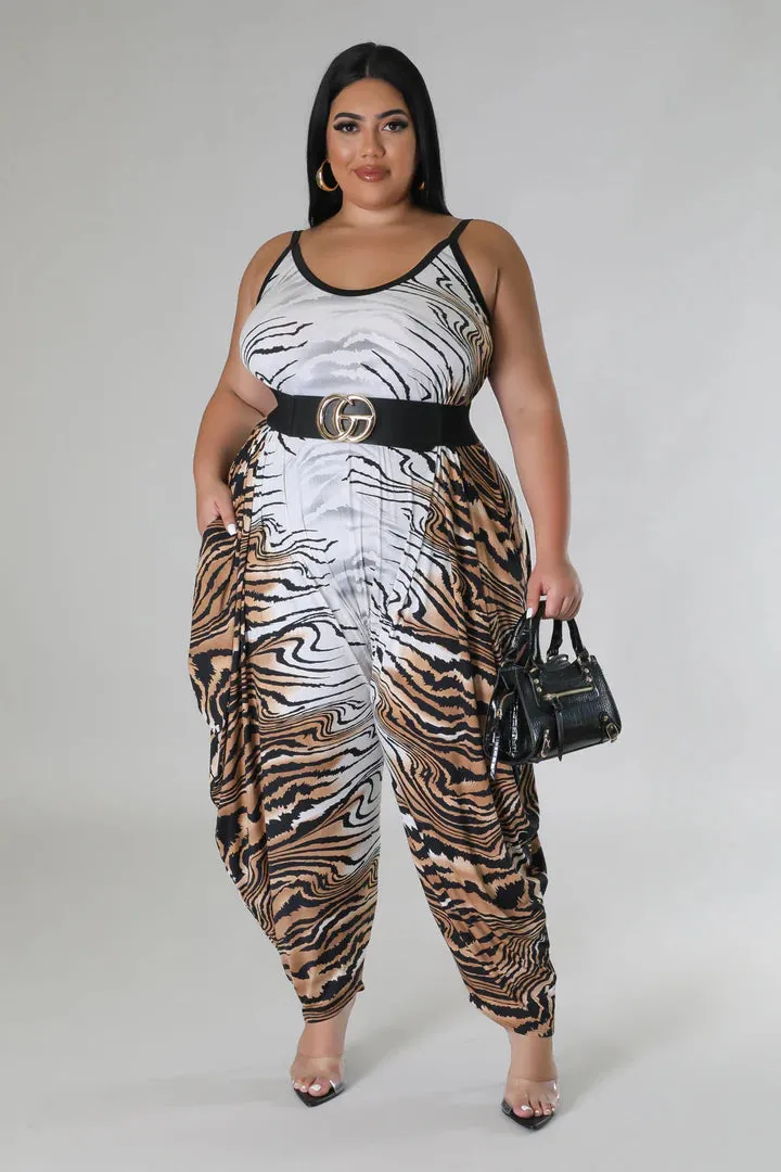 Plus   Curve Tiger Print Pocketed Brown/White Jumpsuit