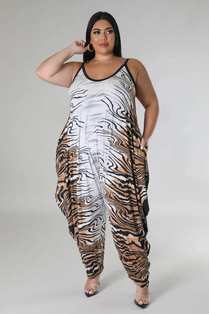 Plus   Curve Tiger Print Pocketed Brown/White Jumpsuit