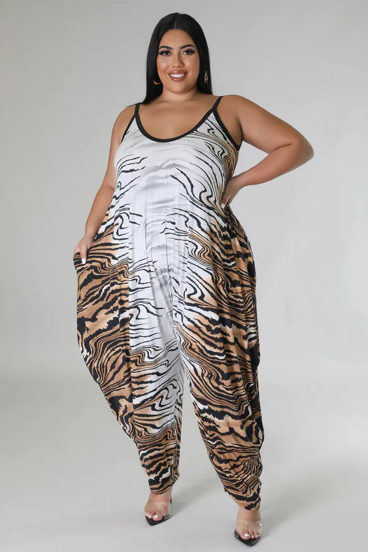 Plus   Curve Tiger Print Pocketed Brown/White Jumpsuit