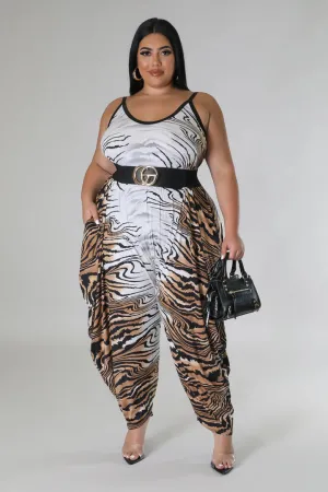 Plus   Curve Tiger Print Pocketed Brown/White Jumpsuit