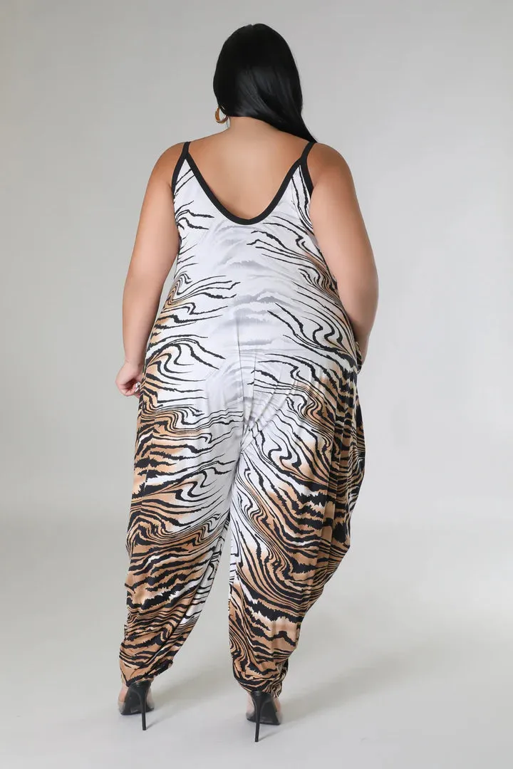 Plus   Curve Tiger Print Pocketed Brown/White Jumpsuit