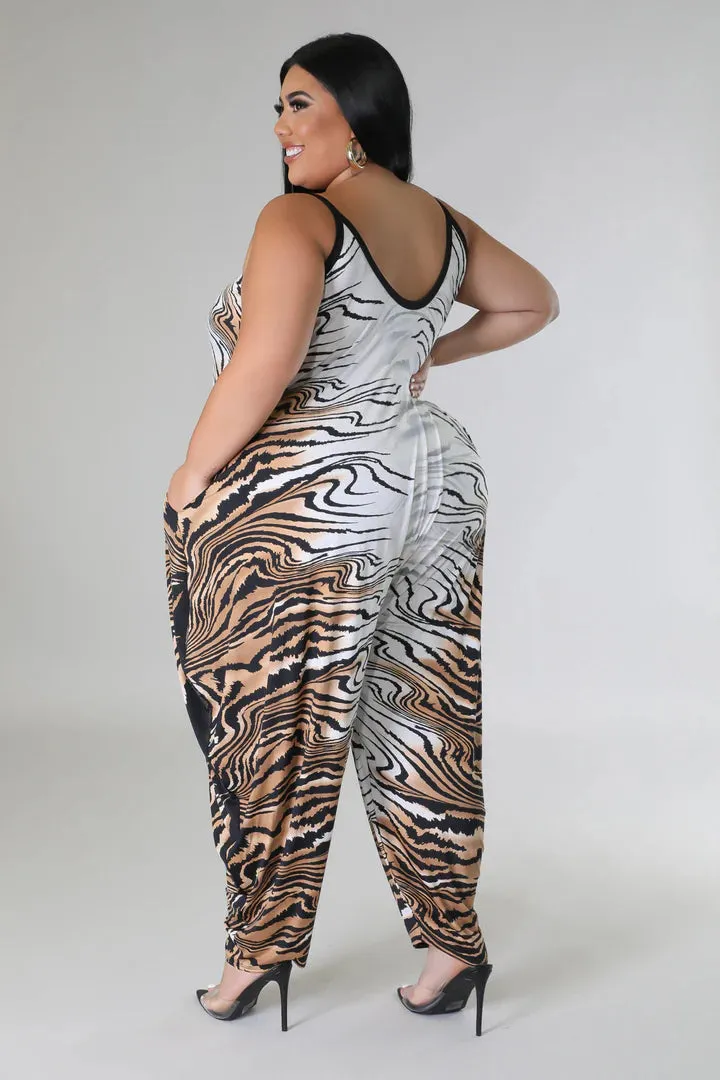 Plus   Curve Tiger Print Pocketed Brown/White Jumpsuit