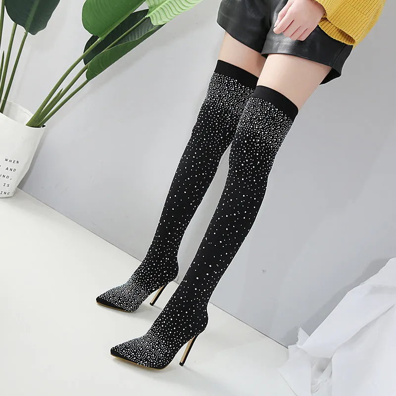 Sexy Water Diamond Stiletto Stretch Over-the-Knee Boots