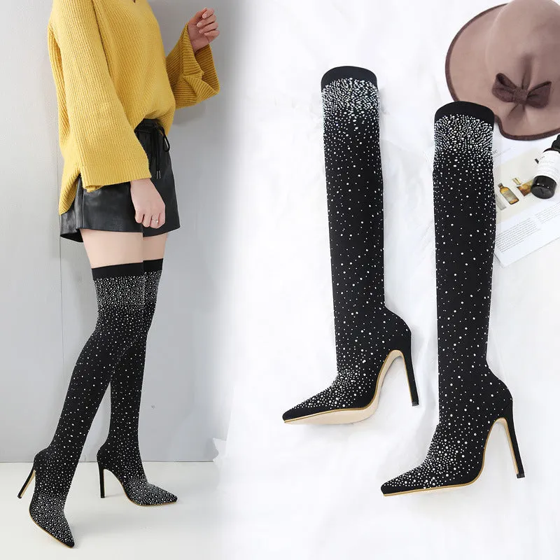 Sexy Water Diamond Stiletto Stretch Over-the-Knee Boots