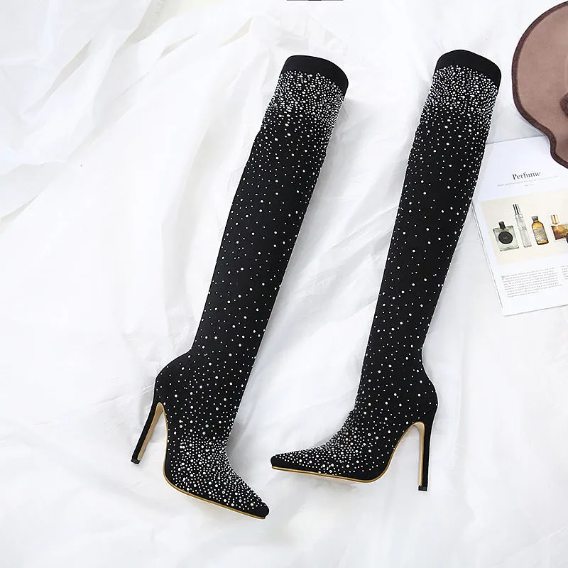 Sexy Water Diamond Stiletto Stretch Over-the-Knee Boots