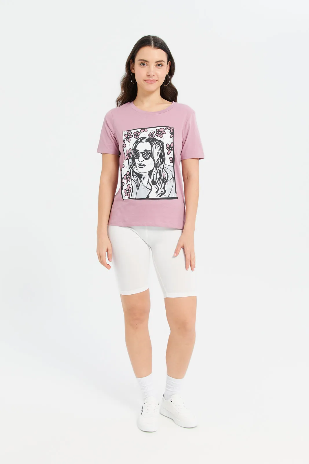 Women Pink Printed Embellished T-Shirt