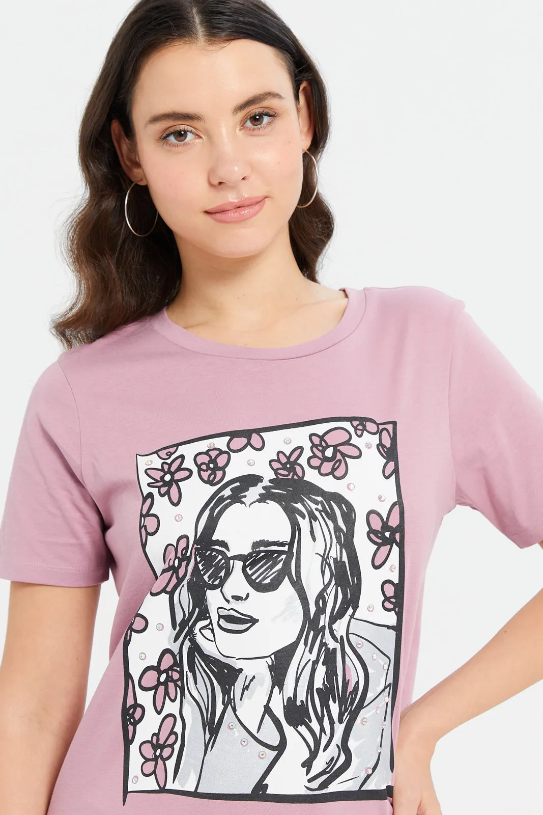 Women Pink Printed Embellished T-Shirt